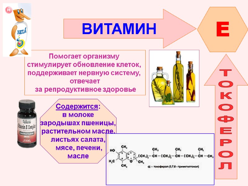 ВИТАМИН  E ТОКОФЕРОЛ Помогает организму  стимулирует обновление клеток,  поддерживает нервную систему,